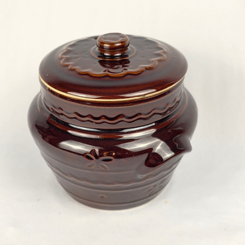 MAR‎ CREST Vtg Crock Pot Oven Proof Stoneware with Lid Brown 2 Handles Bean Pot - Picture 3 of 16